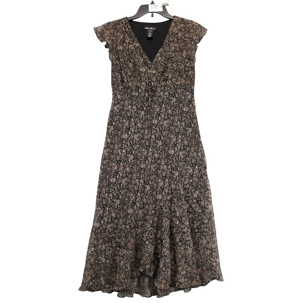 Meghan Matthews Black Floral Maxi Dress Sz 8 Chiffon Overlay Flutter Sleeve Boho